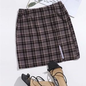 Shein Unity Plaid Pink Black Beige Print Bodycon Split Hem Pencil Skirt